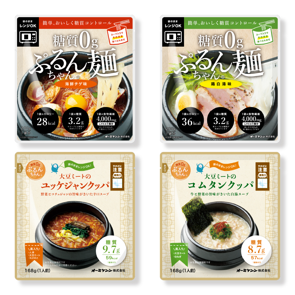 糖質0gぷるんちゃん麺と粒　海鮮チゲ味3袋＋鶏白湯味3袋＋コムタン3袋＋ユッケジャン3袋　計12袋