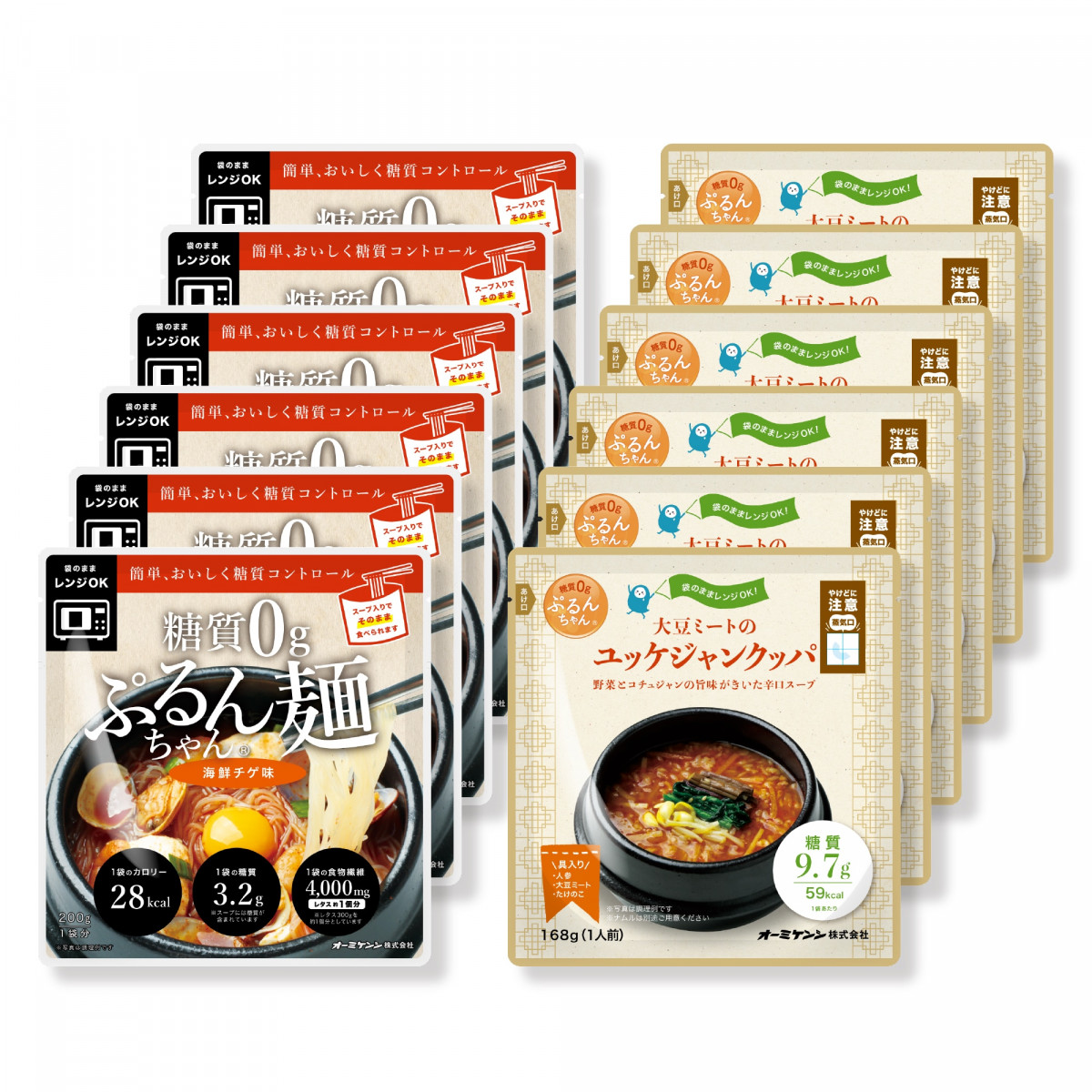 糖質0gぷるんちゃん麺と粒　海鮮チゲ味6袋＋ユッケジャンクッパ6袋　計12袋